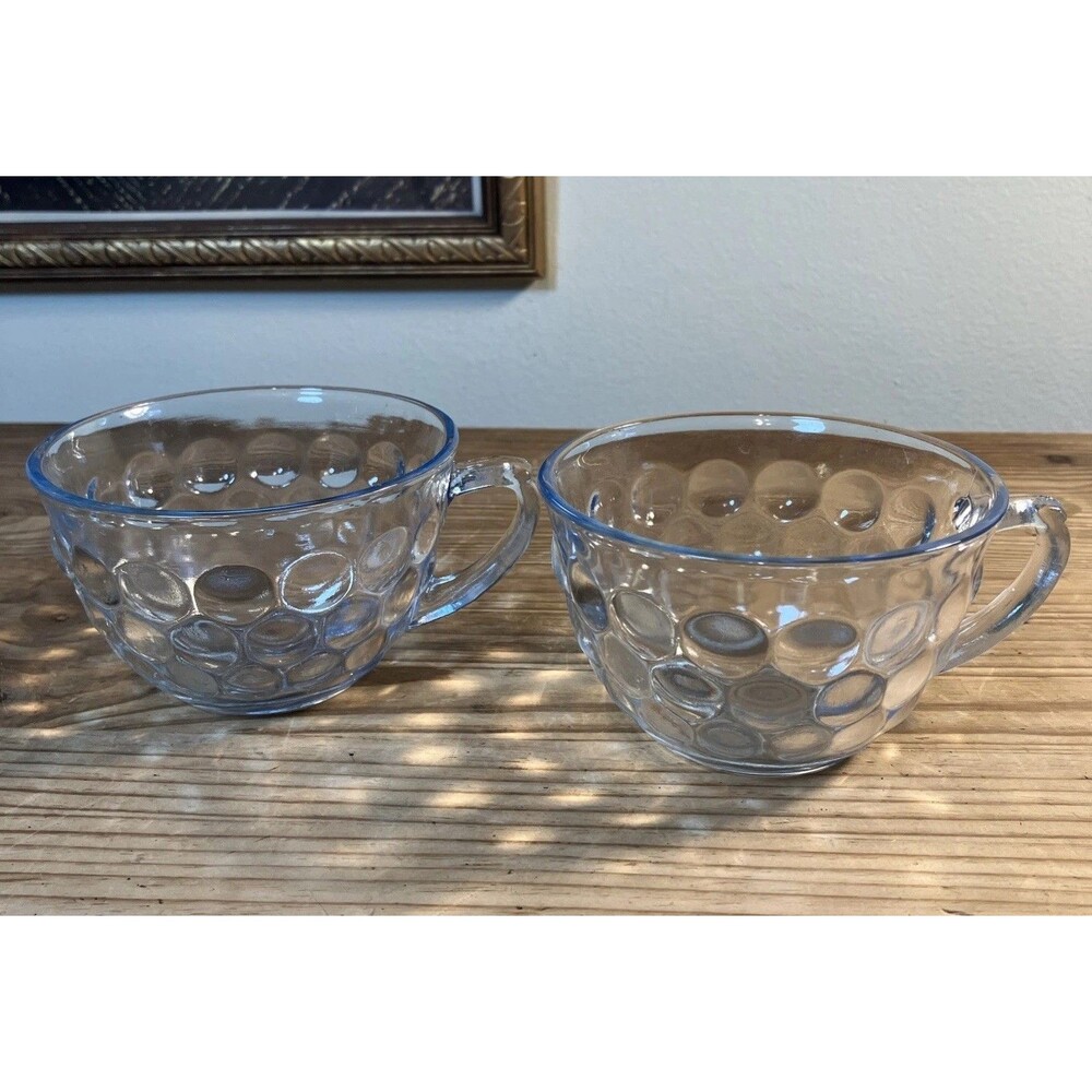 Vintage Anchor Hocking Bubble Tea Cups Set Of Two Glass Sapphire Blue 1940s EUC